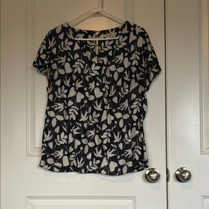 Boden Ravello silk-blend top with a navy blue and white leaf print